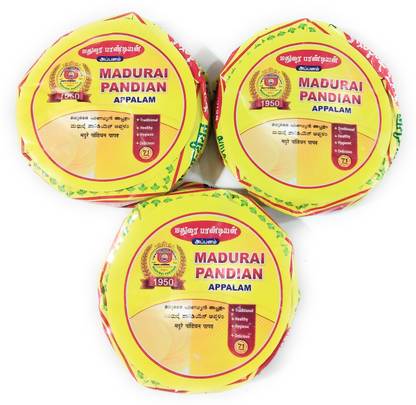 Madurai Pandian 3x100 gms Plain Flavor South Indian Papad (Pack of 3)