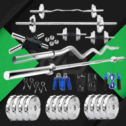 YMD 50 kg Steel Plates (5KGX4, 2.5KGX4, 10KGX2) + 3FT Curl & 5FT Straight 28mm Rod + 2 Dumbbell Rod + Hand Gloves + Skipping Rope + 4 lock + Hand Grip + Home Gym Combo