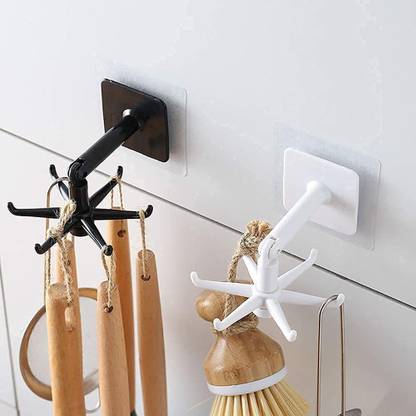 SEASPIRIT Self Adhesive 360° Rotating Folding Hook | Wall Mounted Utensil Hanger | Rotary Hook Rack with 6 Claws (Pack of 2) Door Hanger