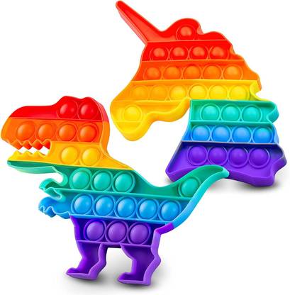 ATRI 2 Pack Push Pop Bubble Fidget Sensory Toy with Improved Clicking Fidget Poppers, Bubble Popping Sensory Toy Premium Stress Free Silicone Poppet Fidget Toy Rainbow Unicorn & Dinosaur