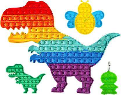 FunBlast Pop it Set (Pack of 4) Jumbo Dinosaur with Mini Dino, Bug & Keychain Pop it Fidget Toy - Big Size – 165 Bubbles