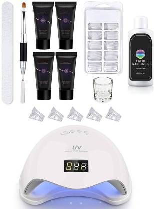 THR3E STROKES Acrylic Gel Poly Nail Gel Nail Extension Set With 4 Tubes & UV Led Nail Lamp (White)