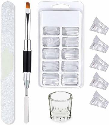 THR3E STROKES Combo of Dual Form Nails Double Sided Spatula & Brush Nail Filer Nail Clippers Dappen Dish for Poly Nail Gel Application (CLEAR)