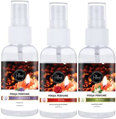 PALMIST Alcohol Free Pooja Perfume Spray; Pleasing Fragrance Long Lasting Perfume for Worship; Combo (Any of 3 Perfumes) for Worship; 50 ml Each Perfume  -  150 ml
