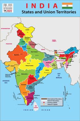 VK_NEED INDIA MAP WITH STATE AND CAPITAL WALL CHART (12X18 INCH) WITH LAMINATED FOR KIDS QUICK LEARNING WALL PICTURE WITH INTRESTING IMAGES! Photographic Paper