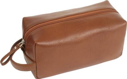 Spillbox Leather Toiletries Pouch Bag with Metal Zipper -TAN Travel Toiletry Kit