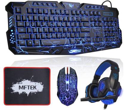 MFTEK Gaming Keyboard, Mouse and Headphone Combo, Crack 3 Colors LED Backlit USB Wired Keyboard, Programmable 7 Button Lighted Gaming Mouse +Mouse Pad Combo Set Designed for Gaming