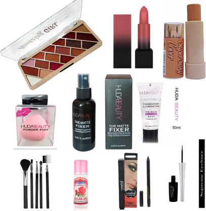 Glow and Go Anishka Makeup Combo Kit 10 item in the Set +1 Kajal +1 Huda Beauty fixer + 1 Puff Blender + 1 Eyeliner + 1 Concealer + 1 Eye palette + 5 pcs makeup brush +1 Rose water + 1 primer + 1 matte lipstick