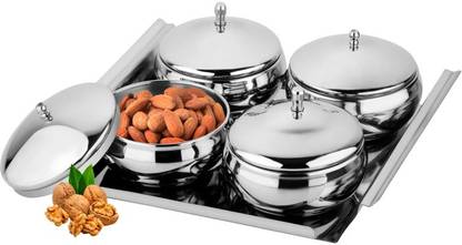 PRABHA High Quality Stainless Steel Lotus Bowl Set With Tray & Lid Set of 4 Tray Serving Set