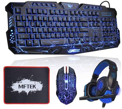 कोनिफर Gaming Keyboard and Mouse Combo with Headset, MFTEK Crack Backlit 3 Colors Keyboard, Wired Gaming Mouse, Lighted Gaming Headset with Microphone Set, Mouse Pad for PC Game (Blue Headphone) वायर्ड USB गेमिंग कीबोर्ड