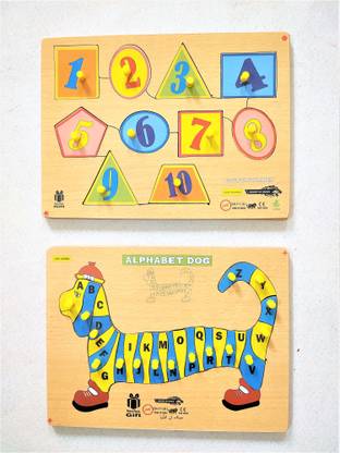 PETERS PENCE WOODEN 10 GEOMETRY Shapes with Counting Numbers Puzzle Board and Dog Alphabet Learning Puzzle Board For Kids Pre Primary Education