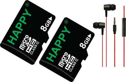 HAPPY MEMORIES Premium 8+8GB Memory card,8GB Memory Card Class 10,8GB Pack of 2 Combo with FREE GIFT Z60 Earphone. HAPPY 8GB Pack of 2 Combo 8 GB MicroSD Card Class 10 15 MB/s  Memory Card Compatible with Mobile, Gaming Console, Computer