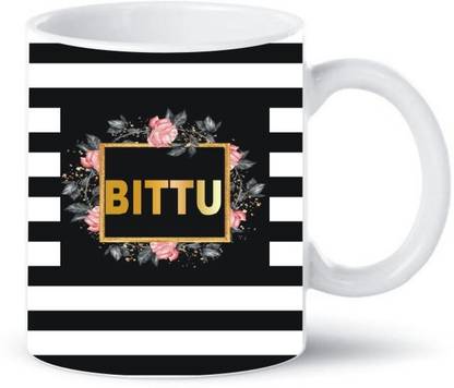 KANHACRAFTS BITTU Name with Strips Ceramic Coffee (325 ml, Pack of 1 Ceramic Coffee Mug