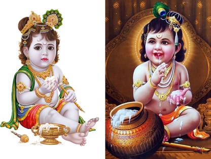 Set of 2 Baby Lord Krishna Wall Poster | HD Poster for room decor Paper Print