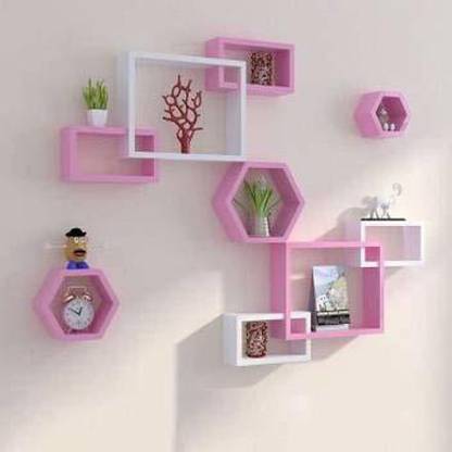 VANIYA CRAFTS Floating Rectangular Intersecting Wall Mounted Shelf Rack Set of 6 & Hexagonal Home Decor Wall Shelf Set of 3 MDF (Medium Density Fiber) Wall Shelf