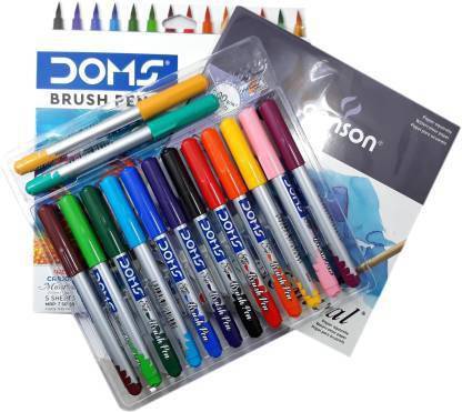 DOMS Super Soft Artist Brush Pens Set Alongwith Canson Montval 5 Sheets (Set of 14, Multicolor) Supersoft Nib Sketch Pen