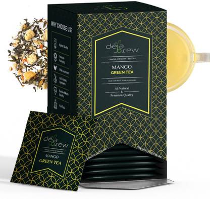Deja Brew Mango Green Tea - 16 Pyramid Tea Bags | Blend For Immunity System, Weight Loss, Antioxidants Rich | Green Tea, Mango Fruit, Apple Fruit, Marigold | Brew Hot or Iced | Green Tea Box