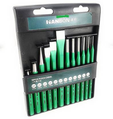 hanbon AASONS Hanbon 12 piece center pin punch chisel drill bit hole tip marker Punching tool Flat & Pointed cold Chisel cylindrical impact chisel set pack of 12 pcs Paring Chisel Set