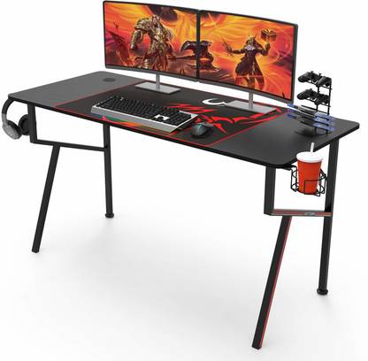 ASTRIX INC 55 inch Gaming Computer Desk, K Shaped Home PC Gaming Desk Table, Black Solid Wood Computer Desk