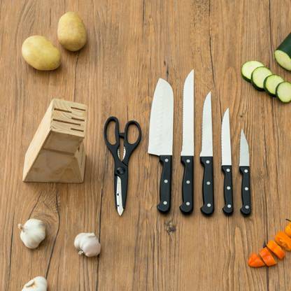 Explorer 7 Pc Steel Knife Set Stainless Steel Kitchen Knife Set with Wooden Block Stand, Set of 7,