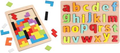 Authfort Wooden Blocks Puzzle Toy Tangram Jigsaw Intelligence Colorful 3D Russian Blocks & ABCD Small Letters Kids Learning Toys Wooden Alphabet Toy Pack of 2