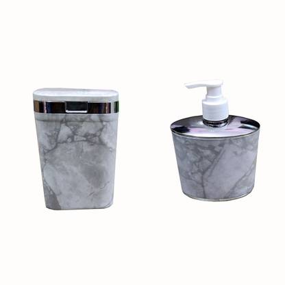 Shoppernation Fancy Plastic Marble Texture Soap Dispenser and Desk Trash Can Set Plastic Bathroom Set
