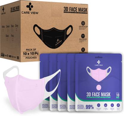Care View 3 Dimensional Disposable Face Mask Pouch with 4 Layered Filtration, SITRA and BIS(ISI) certified & Incredibly Soft Spandex Non Woven Fabric Ear loop (PINK , PACK OF 100) 3D Mask Pink