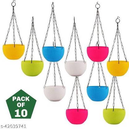 GTC GTC Hanging Euro Basket (7 Inch) with Metal Chain For Indoor and Outdoor Décor / Hanging Planter/Beautiful Round Gamla Pot/Flower Hanging Pot for Garden Balcony (Multicolour, Pack of 10) Plant Container Set