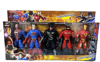 FLYmart Super Heros 5 in 1 set with LED light on chest (in all 5 Characters) & all Joints Movable (All Characters) | Spydarman | Supperman | Zoorro | Baateman | Iroeneman | Two Swords that can be place on any character | Large Size Characters with 17 cms height