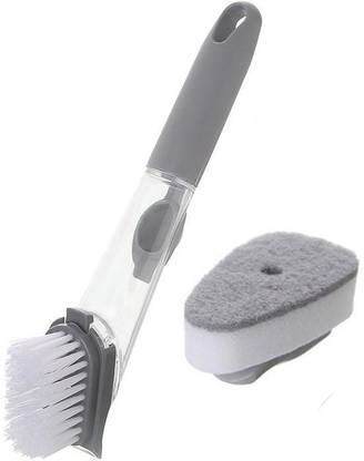 STOCKHAWKERS Soap Dispensing Dish Brush, Soap Dispensing Sink Brush, Dish Scrub Brush for Kitchen & Sink (1 Handle + 1 Brush + 1 Sponge Brush) Plastic Wet and Dry Brush