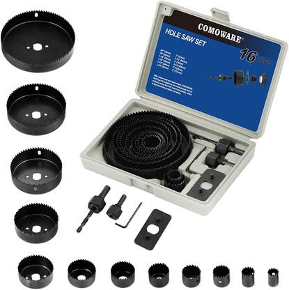 uptodatetools Hole Saw Kit for Wood Hole Saw Kit for Wood- 16 Pieces 3/4’’-5’’ Full Set in Case with 1pcs Hex Key, 2pcs Mandrels and 1pcs Install Plate for PVC Board Plastic Plate Drilling Drywall and Soft Wood