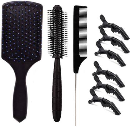 SANDIP Professional Hair Styling Clips Sectioning Crocodile hair clips (6 pcs) + Rectangular Cushion Paddle Hair Brush + Round Hair Brush For Blow Drying for men & women + Carbarn Fiber Tail Pin Hair Comb For cutting sectioning styling for women man used in salon