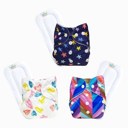 MOM'S PRIDE ® Freesize Adjustable, Washable and Reusable pocket cloth diaper for Newborn Child Toddler Infant Babies (0 - 2 Years) (with Wet-Free White Insert Pad) (Whiteheart, Bluestar, Rainbow Zigzag) (Pack of 3)