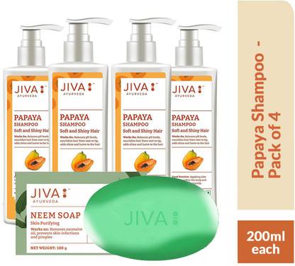 JIVA Papaya Shampoo - Scalp Cleansing Formula - 200 ml Each, Pack of 4 with Neem Soap Free - 100 g