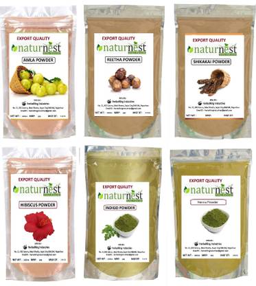 NatureNest Amla , reetha, shikakai, hibicus, indigo and Henna Powder combo pack = 600gm