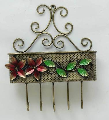 SMAART CRAAFTS Metal Flower & Leaves Design Key Stand Key Holder for Home & Office (5 Hooks) Iron Key Holder