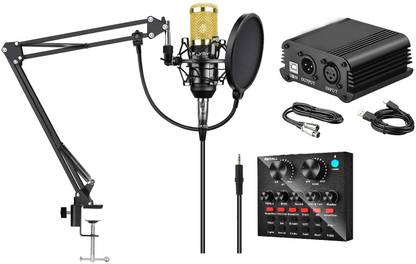 TechBlaze Condenser Mic Set With V8 Sound Card Phantom Power Adjustable Mic Suspension Scissor Arm, Pop Filter Metal Shock Mount Dynamic Professional BM-800 Mic for Studio Vloging, Gaming, YouTubers Recording & Broadcasting Microphone