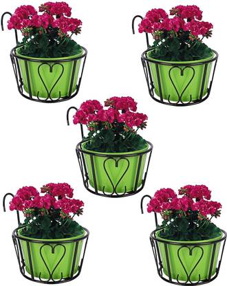 UV International Metal Railing Round Basket with Handle 25.3 cm and Height- 12.5 cm (Set of 5) Plant Container Set