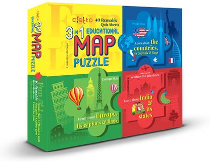 cretto 3 in 1 Educational World Map Puzzle with 40 Re-usable Quiz Sheets (Includes World Map, India Map and Europe Map)