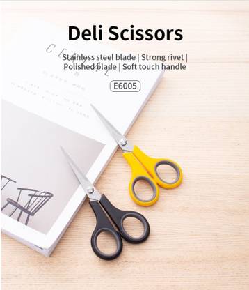 Deli Multipurpose Regular Scissors with Stainless Steel Sharp Blade Ergonomic Asymmetric Soft Touch Handle Design for Better and Comfortable Long Hold, Pointed Tip, Paper Art & Craft Scissors, Students, Office, Home Scissors, 140mm, Pack of 1 (E6005) Scissors