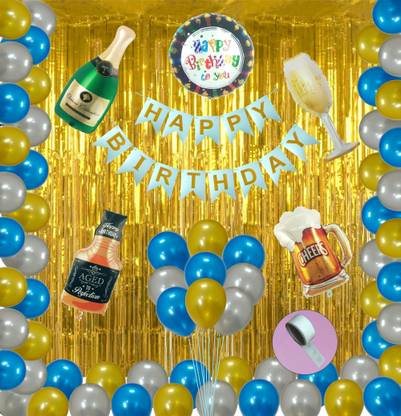 Agk Happy Birthday Decoration Item Includes Happy Birthday Banner - Blue + 2 Pcs Golden Fringe Shiny Curtains + 30 Pcs Metallic Balloons (Blue, Gold and Silver) + 4 pcs Champagne / Cheers / Whiskey / Cheer Mug glass Foil Balloons + 1 Pcs Happy Birthday Printed Foil Balloon + 1 pcs Glue Dots Roll for Birthday Party decoration / Birthday Combo