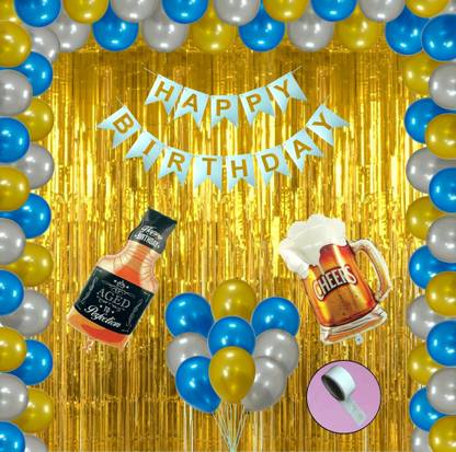 Agk Pack of 48 Pcs Happy Birthday Decoration Balloons Includes Happy Birthday Banner - Blue + 2 Pcs Golden Fringe Shiny Curtains + 30 Pcs Metallic Balloons (Blue, Gold and Silver) + 1 pcs Whiskey Bottle Shape Foil Balloon + 1 pcs Cheer Mug glass Foil Balloons + 1 pcs Glue Dots Roll for Birthday Party decoration
