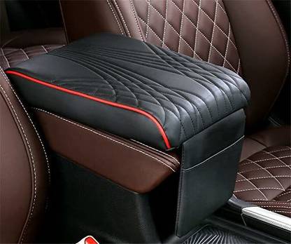 Automaze Center Console Arm-rest Cover Pad With Mobile Pocket Universal Fit for SUV/Truck/Car, Car Armrest Seat Box Cover, Leather Auto Armrest Cover (Black With Red Piping) Car Armrest Pad Cushion