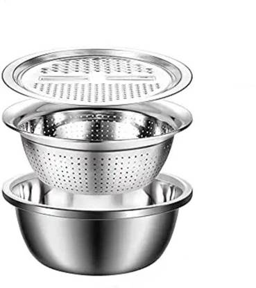 RK CREATIONS Multifunctional Stainless Steel Grater Basin 3 in 1 Colanders Basin, Grater Strainer and Drain Basket Salad Maker Bowl Colander
