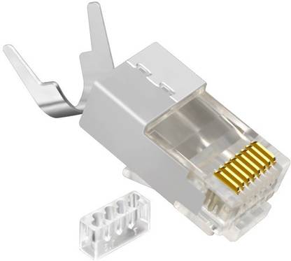 Tech-X RJ45 Cat7 & Cat6A Crimping Connectors plug - 10 Pcs, 50U Nickel Plated 3 Prong Shielded FTP/STP External Ground for 23 AWG (0.573mm) Network Cable, Metal Shielded, RJ45 8P8C Modular Plug Lan Adapter