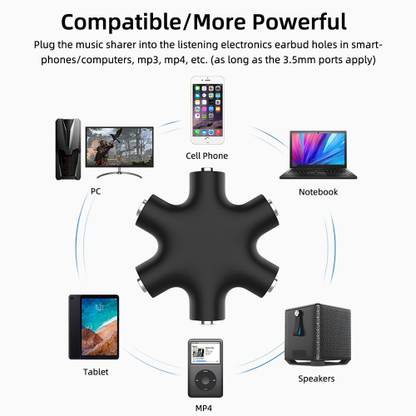 Tech-X Black Multi 5-Way Headphone Audio Splitter Connector 3.5mm Audio Stereo Splitter Cable, 1 Male to 5 Port Female Earphone Headset Splitter Adapter Jack Audio Adapter For Smartphone, Laptop, PC, Tablet Phone Converter