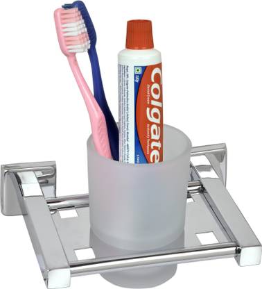 Riva Stainless Steel Tumbler Holder with Glass Toothbrush Holder/Tumbler/Bathroom Accessories Wall Mounted Bathroom Tumbler(Silver) Stainless Steel Toothbrush Holder