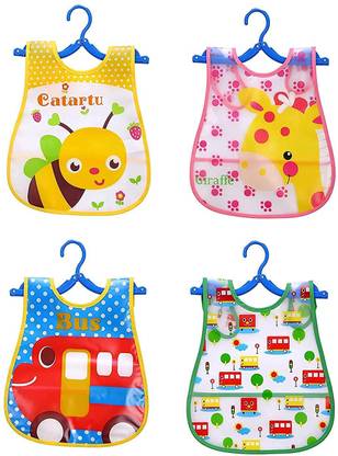 BabyGo Plastic Waterproof Baby Apron with Bib (Pack of 4) Random Color