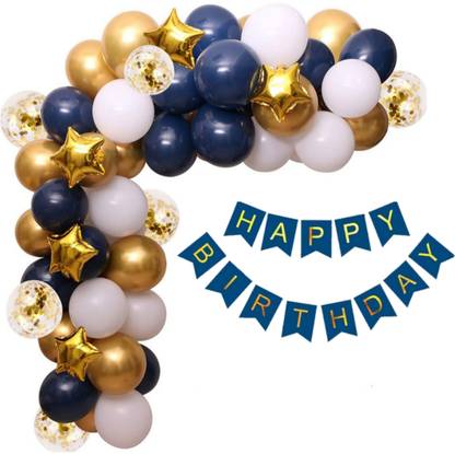 Alaina Happy Birthday Decoration Kit 59 Pcs Combo Pack - 1 Pc Happy Birthday Banner + 5 Pcs Golden Foil Stars + 3 Pcs Golden Confetti Balloons + 50 Pcs Metallic Balloons (Blue, White & Golden)