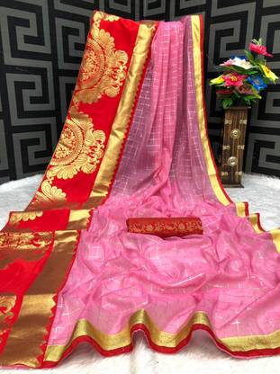 Checkered Chanderi Cotton Blend Saree